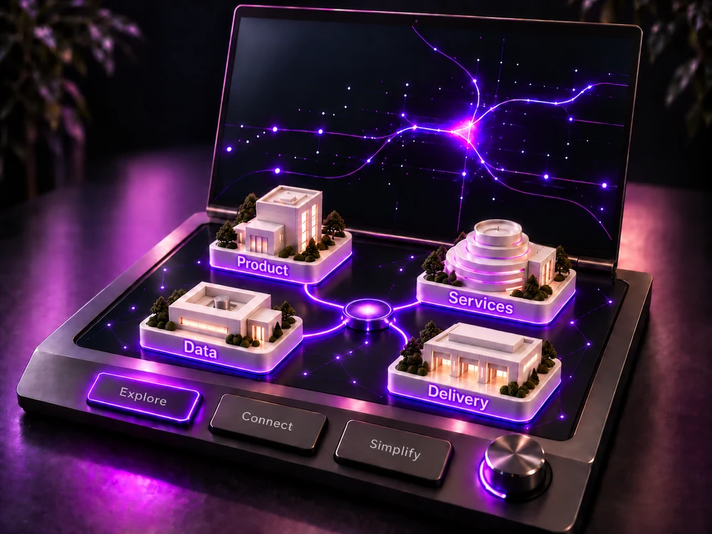 A graphite laptop workbench connecting four stationary structures: Product, Services, Data and Delivery. Violet data travels across the screen and board.